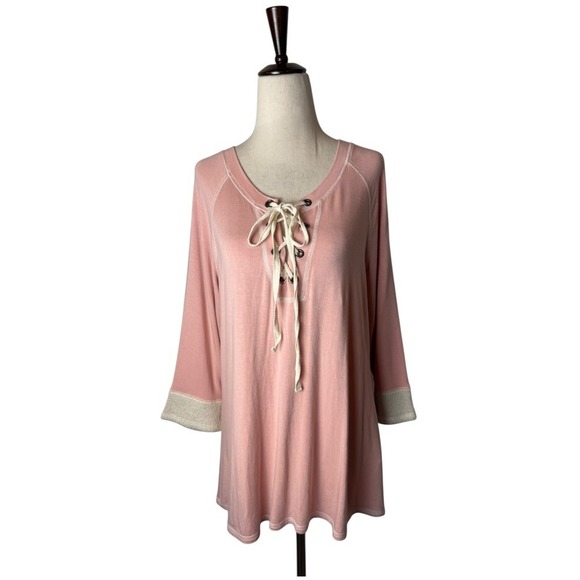 Jude Tops - JUDE Shirt Women Large Pink Lace Up Knit‎ Lightweight Pullover Athleisure USA